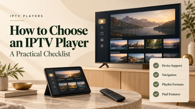 IPTV player on a TV and tablet with a checklist of device support, navigation and playlist formats.