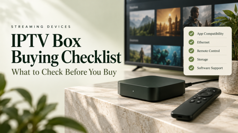 IPTV box and remote with a buying checklist for app compatibility, Ethernet, storage and software support.