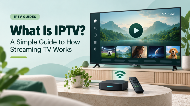 Smart TV, streaming box and Wi-Fi connection illustrating how IPTV works.